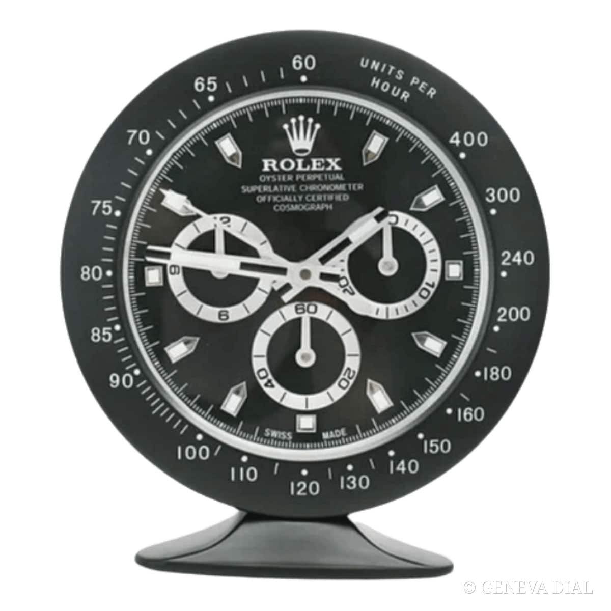 Horloge de bureau compacte 15 cm GENEVA DIAL style Rolex Daytona Style Desk Clock – All Black “Stealth” Edition cadran noir boîtier acier massif silencieux