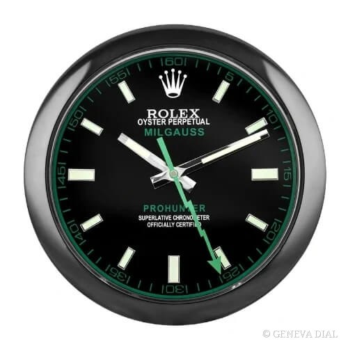 GENEVA DIAL 40cm 럭셔리 벽시계 Milgauss Style Wall Clock – Matte Black Dial & Green Crystal Tint 스타일, 블랙 · 그린 다이얼, 304L 스테인리스 스틸 케이스, 미네랄 글라스, 날짜 확대 렌즈