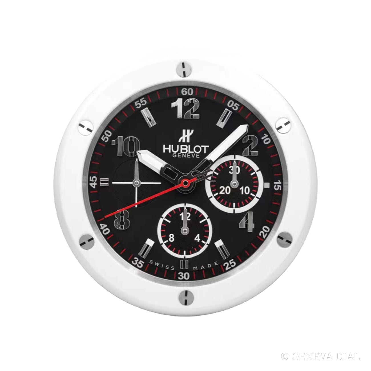 Horloge murale de luxe GENEVA DIAL 40 cm style Big Bang White and Black cadran noir et blanc boîtier acier inoxydable 304L verre minéral loupe date