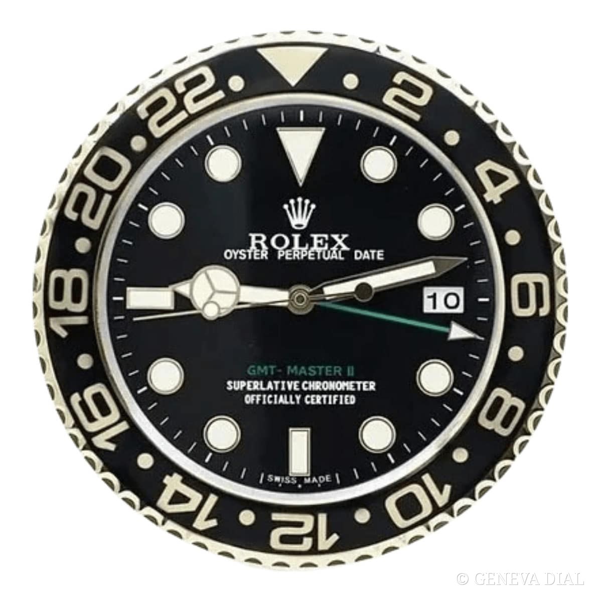 Horloge murale de luxe GENEVA DIAL 40 cm style Rolex GMT-Master II Style Wall Clock – Gold Edition with Deep Black Dial cadran noir et champagne doré boîtier acier inoxydable 304L verre minéral loupe date
