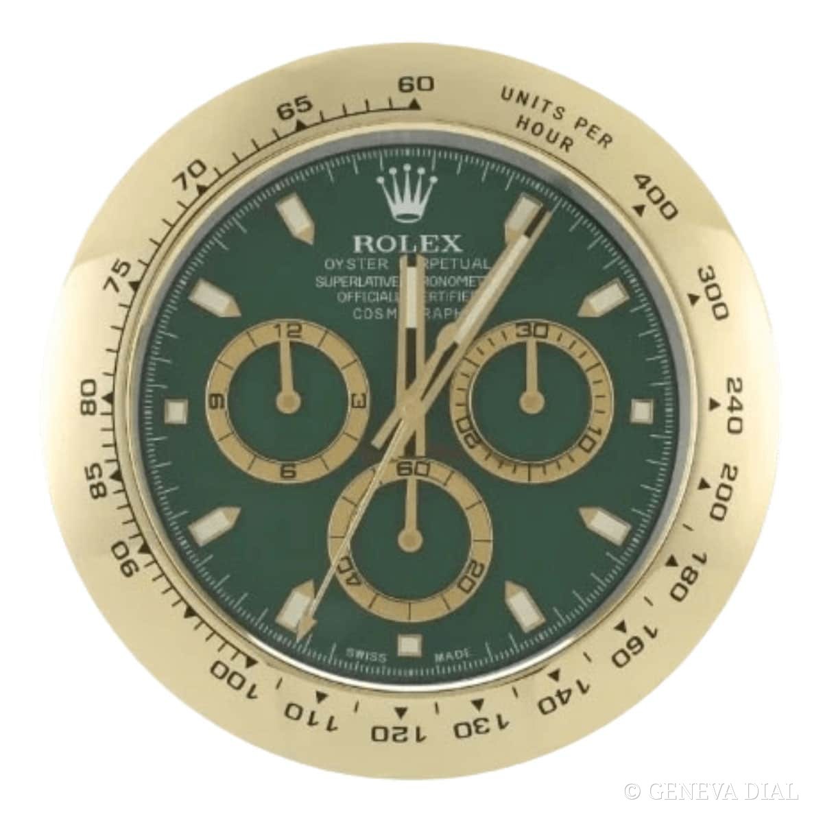 Horloge murale de luxe GENEVA DIAL 40 cm style Rolex Daytona Style Wall Clock – Gold Case & Green Dial cadran vert et champagne doré boîtier acier inoxydable 304L verre minéral loupe date