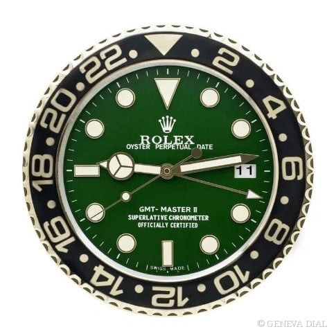Horloge murale de luxe GENEVA DIAL 40 cm style GMT-Master II Wall Clock – Sprite Green & Black Left Hand cadran noir et vert boîtier acier inoxydable 304L verre minéral loupe date