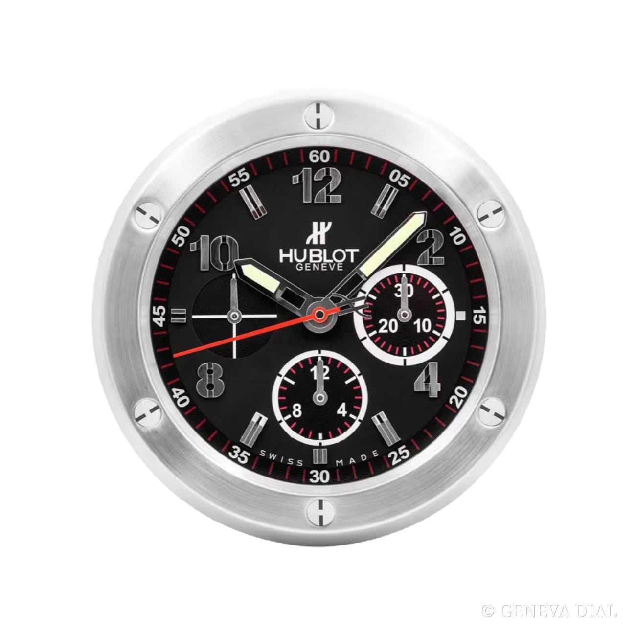 Horloge murale de luxe GENEVA DIAL 40 cm style Big Bang Steel and Black cadran noir et argent boîtier acier inoxydable 304L verre minéral loupe date