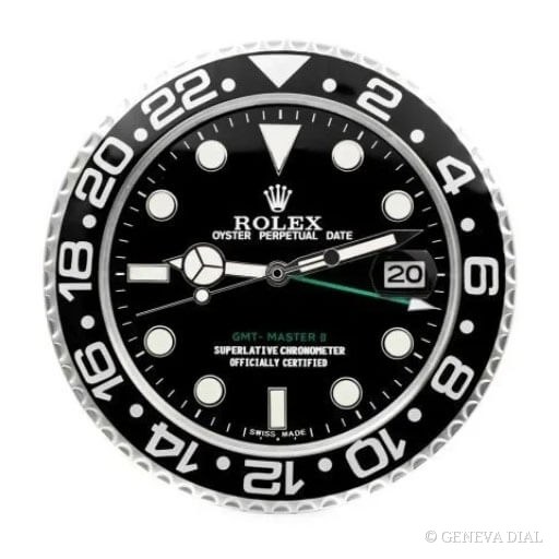 Horloge murale de luxe GENEVA DIAL 40 cm style GMT-Master II Wall Clock – 18ct Yellow Gold & Black Dial cadran noir et champagne doré boîtier acier inoxydable 304L verre minéral loupe date