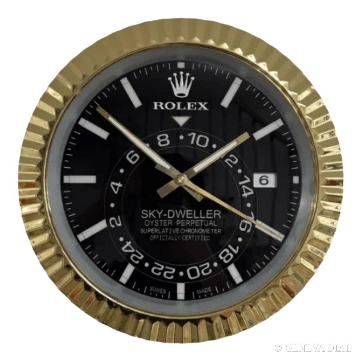 GENEVA DIAL Luxus-Wanduhr 40 cm im Stil Rolex Sky-Dweller Style Wall Clock – Gold Edition with Black Dial, Zifferblatt schwarz und champagnergold, Gehäuse aus Edelstahl 304L, Mineralglas, Datumslupe