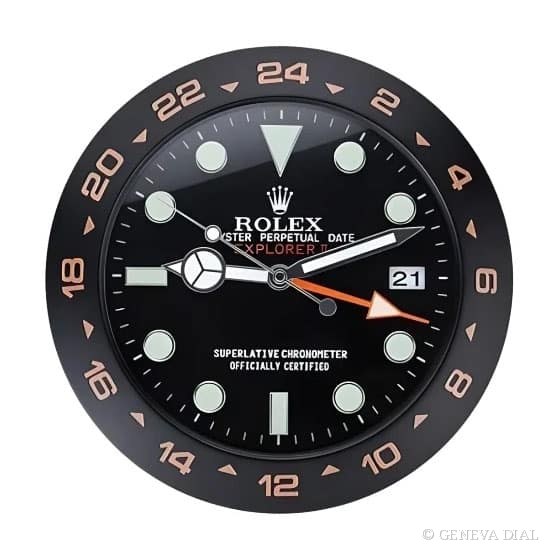 Horloge murale de luxe GENEVA DIAL 40 cm style Rolex Explorer II Wall Clock – Orange Number Bezel & Black Dial | 34 cm cadran noir boîtier acier inoxydable 304L verre minéral loupe date