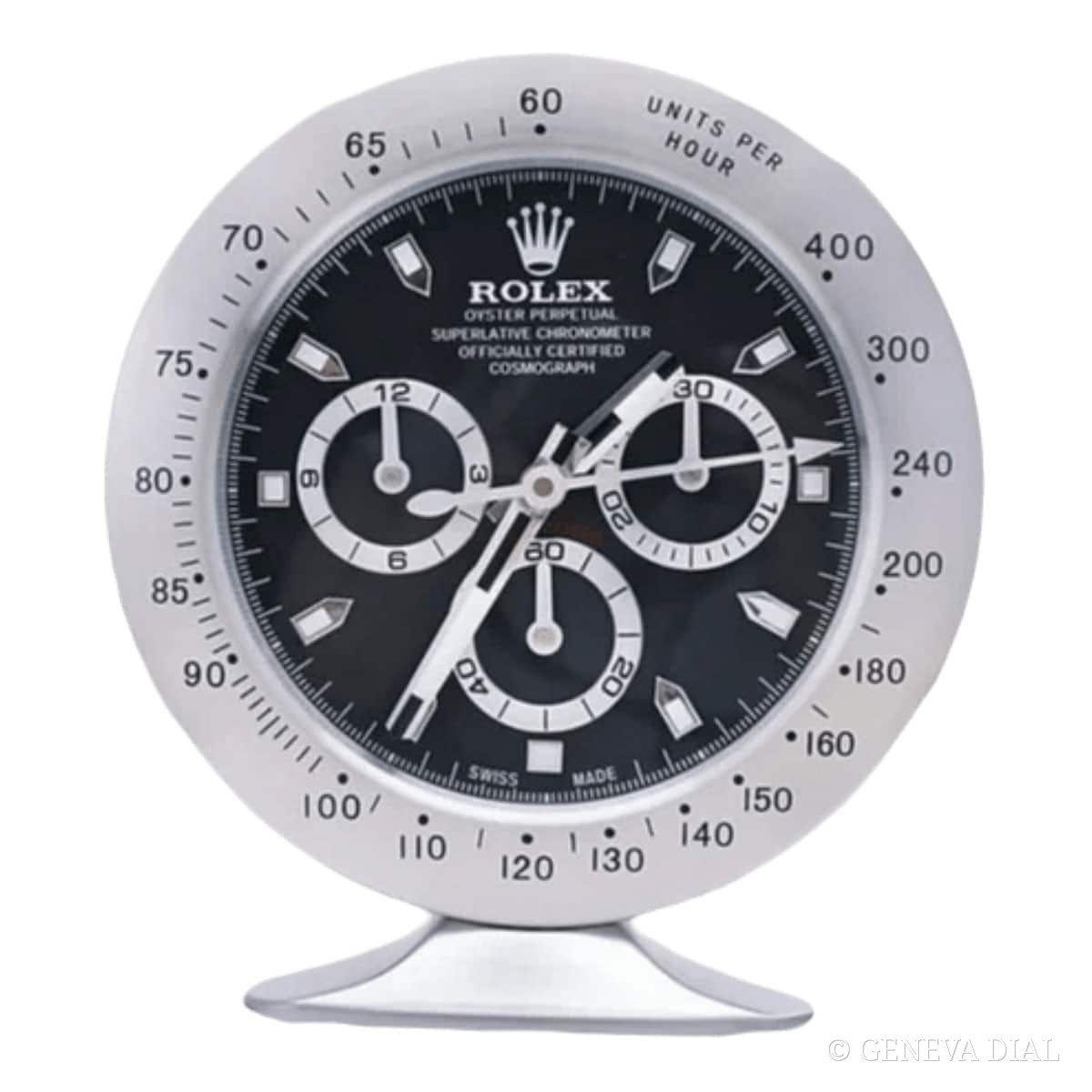 Horloge de bureau compacte 15 cm GENEVA DIAL style Rolex Daytona Style Desk Clock – Silver Edition with Classic Black Dial cadran noir et argent boîtier acier massif silencieux