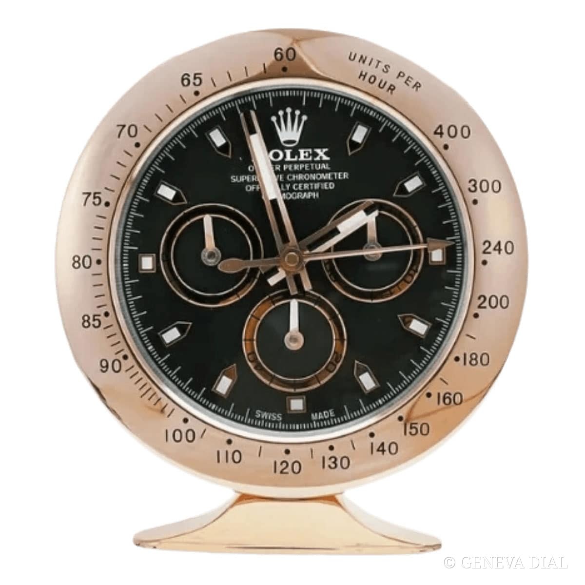 Horloge de bureau compacte 15 cm GENEVA DIAL style Rolex Daytona Style Desk Clock – Rose Gold Edition with Classic Black Dial cadran noir et rose boîtier acier massif silencieux