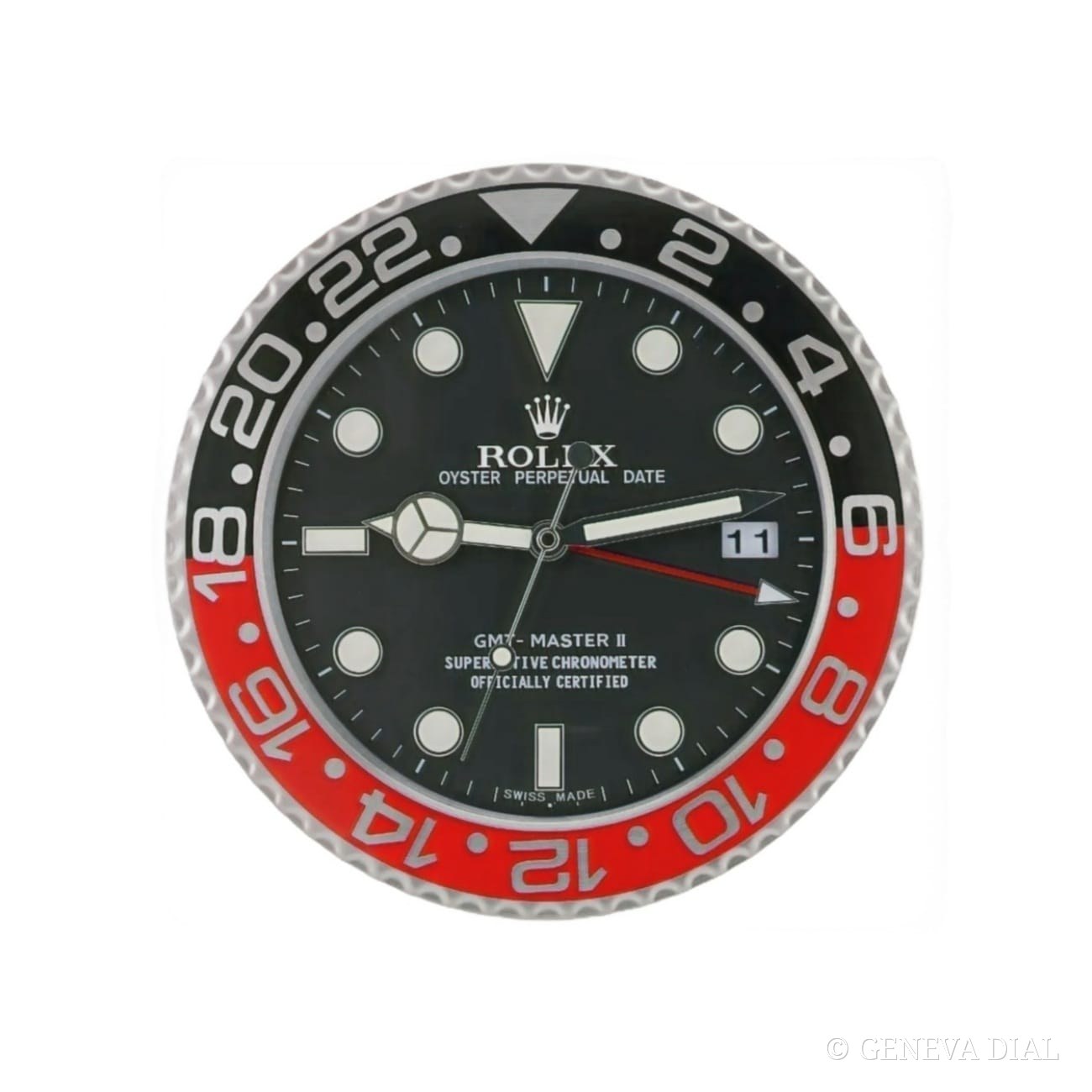 Horloge murale de luxe GENEVA DIAL 40 cm style GMT Master COKE boîtier acier inoxydable 304L verre minéral loupe date