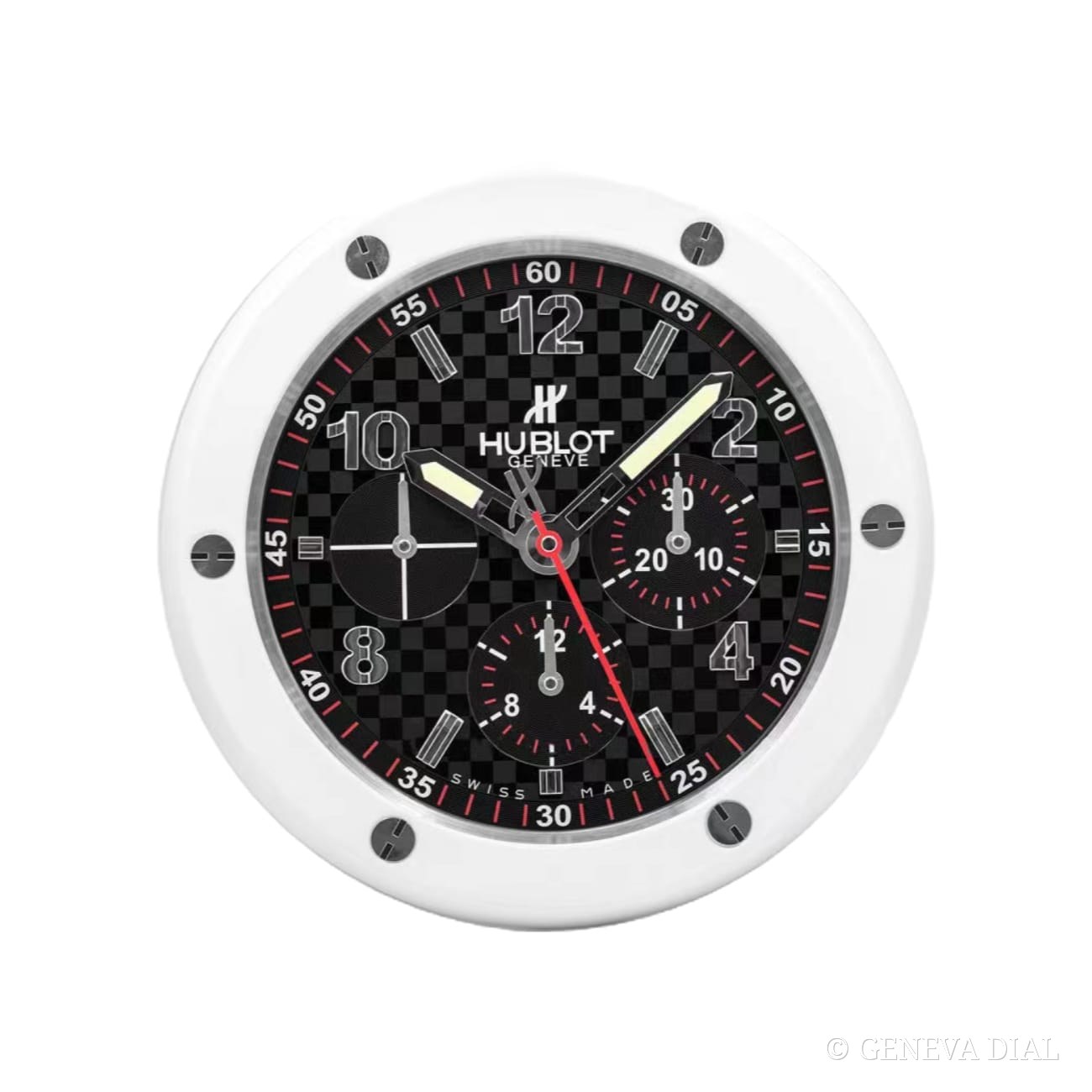 Horloge murale de luxe GENEVA DIAL 40 cm style Big Bang White and Carbon cadran blanc boîtier acier inoxydable 304L verre minéral loupe date
