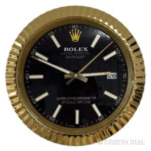 Horloge murale de luxe GENEVA DIAL 40 cm style Rolex Date-Just Wall Clock- Gold & Black Presidential Style cadran noir et champagne doré boîtier acier inoxydable 304L verre minéral loupe date