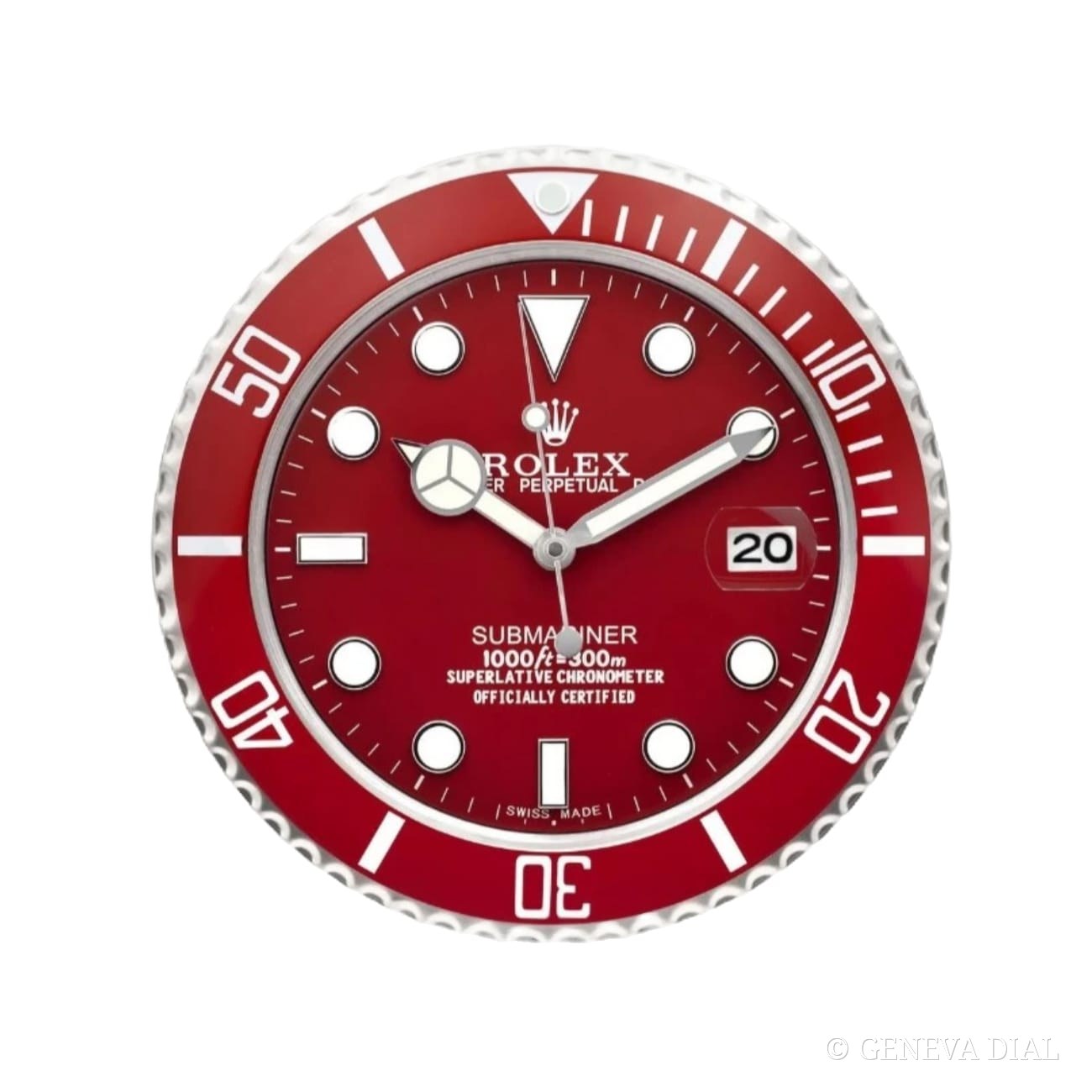 GENEVA DIAL Luxus-Wanduhr 40 cm im Stil Submariner Full Red, Zifferblatt rot, Gehäuse aus Edelstahl 304L, Mineralglas, Datumslupe