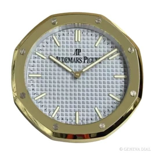 Horloge murale de luxe GENEVA DIAL 40 cm style Royal Oak Gold & White cadran blanc et champagne doré boîtier acier inoxydable 304L verre minéral loupe date