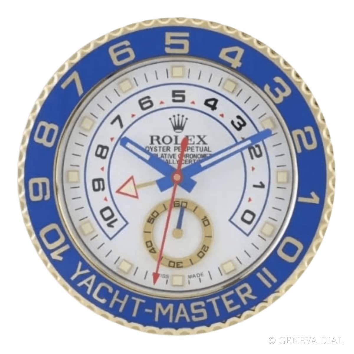 GENEVA DIAL 40cm 럭셔리 벽시계 Rolex Yacht-Master II Style Wall Clock – Gold Edition with Blue Marine Bezel 스타일, 블루 · 샴페인 골드 다이얼, 304L 스테인리스 스틸 케이스, 미네랄 글라스, 날짜 확대 렌즈