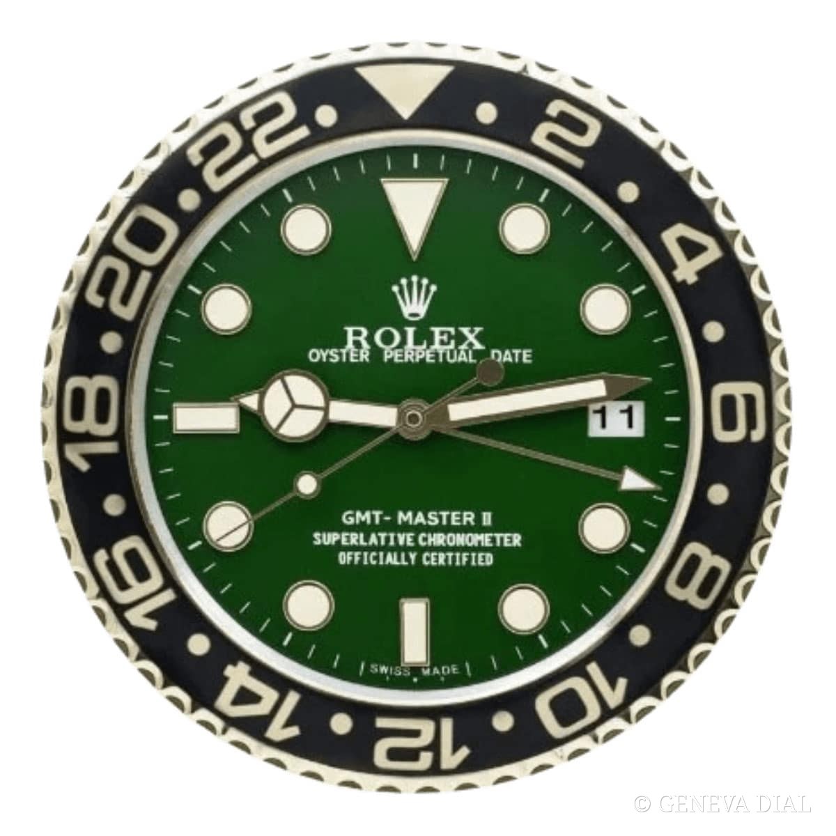 Horloge murale de luxe GENEVA DIAL 40 cm style Rolex GMT-Master II Style Wall Clock – Gold Edition with Victory Green Dial cadran vert et champagne doré boîtier acier inoxydable 304L verre minéral loupe date