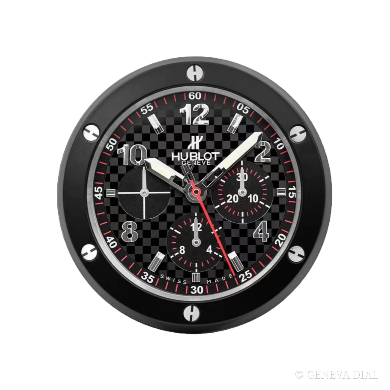 Horloge murale de luxe GENEVA DIAL 40 cm style Big Bang Black and Carbon cadran noir boîtier acier inoxydable 304L verre minéral loupe date