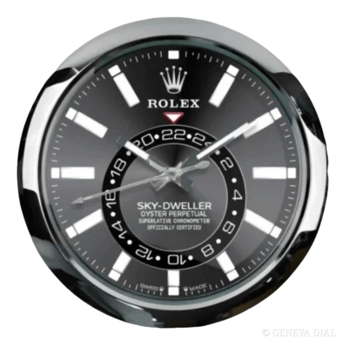 Horloge murale de luxe GENEVA DIAL 40 cm style Rolex Sky-Dweller Style Wall Clock – Silver Edition with Black Dial cadran noir et argent boîtier acier inoxydable 304L verre minéral loupe date