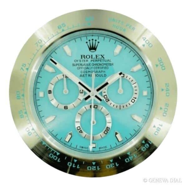 Horloge murale de luxe GENEVA DIAL 40 cm style Cosmograph Daytona Wall Clock – Platinum Ice Blue Dial cadran bleu boîtier acier inoxydable 304L verre minéral loupe date