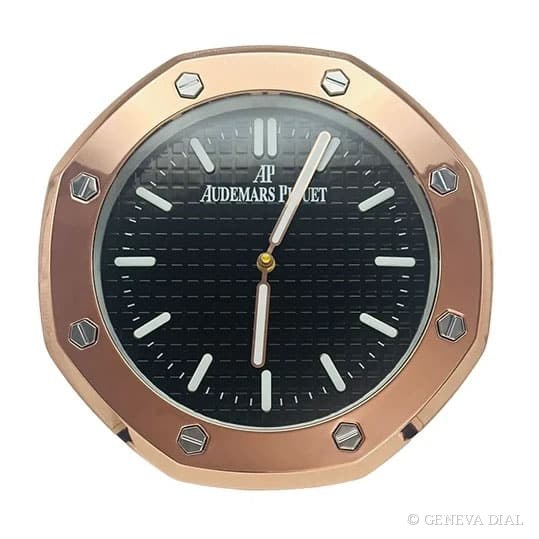 Horloge murale de luxe GENEVA DIAL 40 cm style Royal Oak Rose Gold & Black cadran noir et rose boîtier acier inoxydable 304L verre minéral loupe date