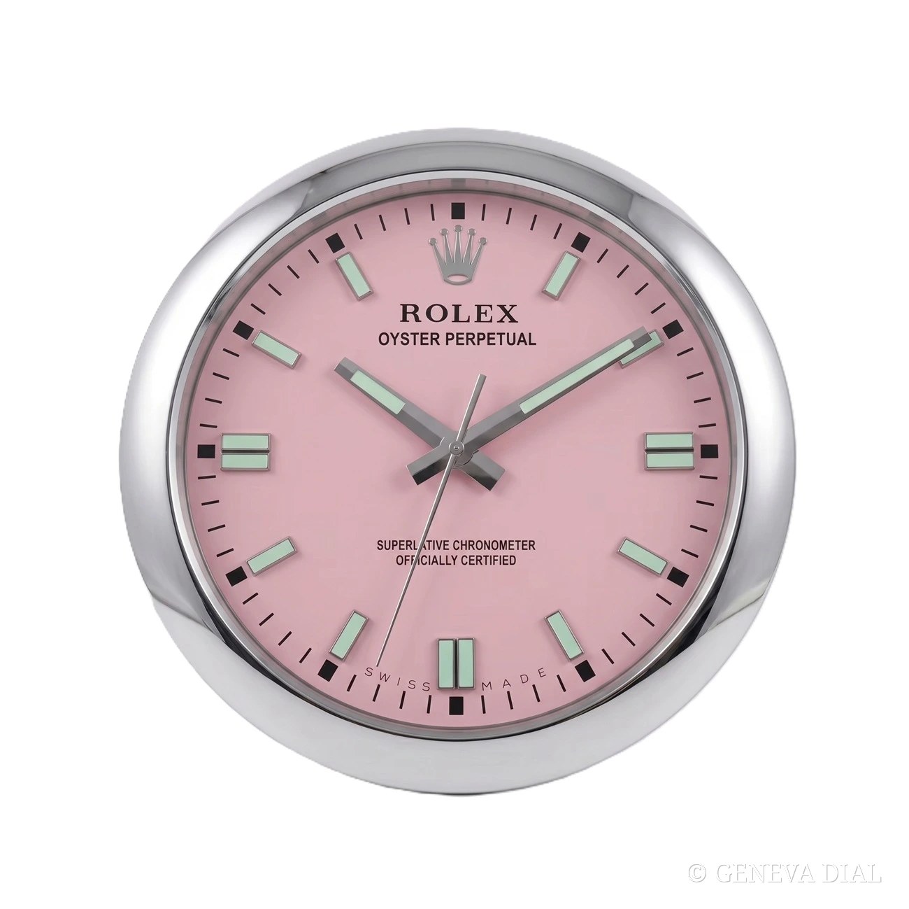 GENEVA DIAL Luxus-Wanduhr 40 cm im Stil Oyster Perpetual Pink, Zifferblatt rosé, Gehäuse aus Edelstahl 304L, Mineralglas, Datumslupe