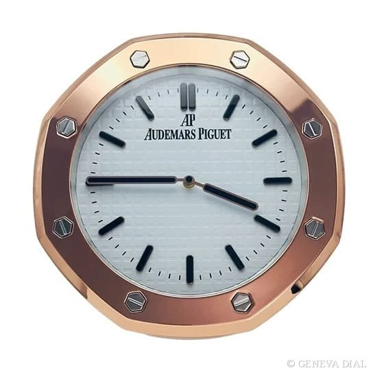 Horloge murale de luxe GENEVA DIAL 40 cm style Royal Oak Rose Gold & White cadran blanc et rose boîtier acier inoxydable 304L verre minéral loupe date