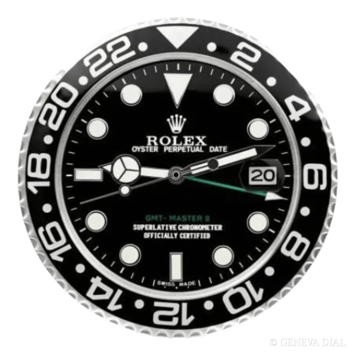 Horloge murale de luxe GENEVA DIAL 40 cm style Rolex GMT-Master II Style Wall Clock – Classic Black & Silver Edition cadran noir et argent boîtier acier inoxydable 304L verre minéral loupe date
