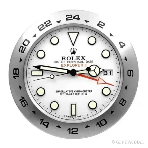Horloge murale de luxe GENEVA DIAL 40 cm style Rolex Explorer II Wall Clock – Silver & White Style | 34 cm Luxury Edition cadran blanc et argent boîtier acier inoxydable 304L verre minéral loupe date