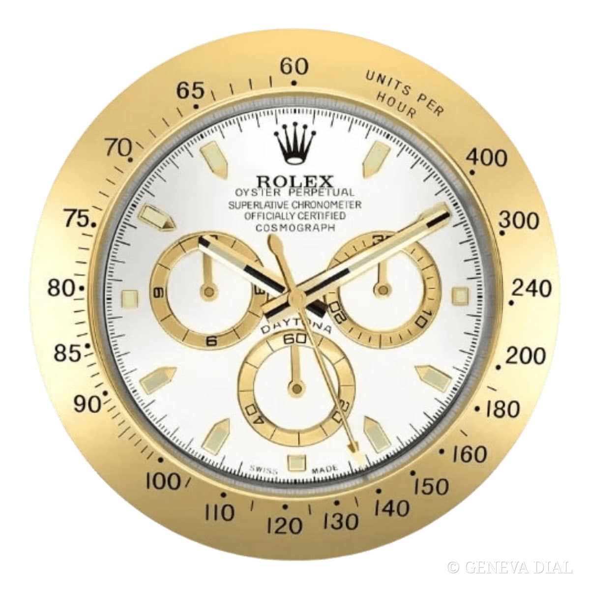Horloge murale de luxe GENEVA DIAL 40 cm style Rolex Daytona Style Wall Clock – Two-Tone Gold Bezel & Black Dial cadran noir et champagne doré boîtier acier inoxydable 304L verre minéral loupe date