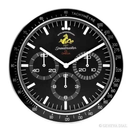 Relógio de parede de luxo GENEVA DIAL 40 cm estilo Moonwatch 50th Anniversary Black & Gold, mostrador preto e champanhe dourado, caixa em aço inoxidável 304L, vidro mineral, lupa de data