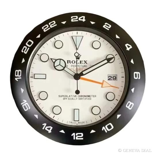 Horloge murale de luxe GENEVA DIAL 40 cm style Rolex Explorer II Wall Clock – Black & White Style | 34 cm Luxury Edition cadran noir et blanc boîtier acier inoxydable 304L verre minéral loupe date