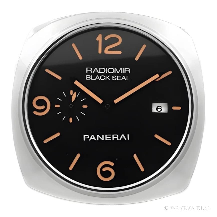 Horloge murale de luxe GENEVA DIAL 40 cm style Radiomir Black Seal Vintage Orange & Steel cadran noir et argent boîtier acier inoxydable 304L verre minéral loupe date