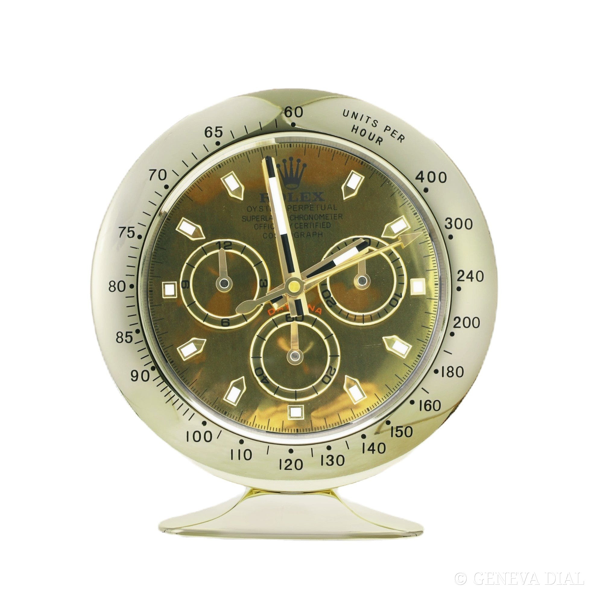 Horloge de bureau compacte 15 cm GENEVA DIAL style Daytona, Full Gold cadran champagne doré boîtier acier massif silencieux