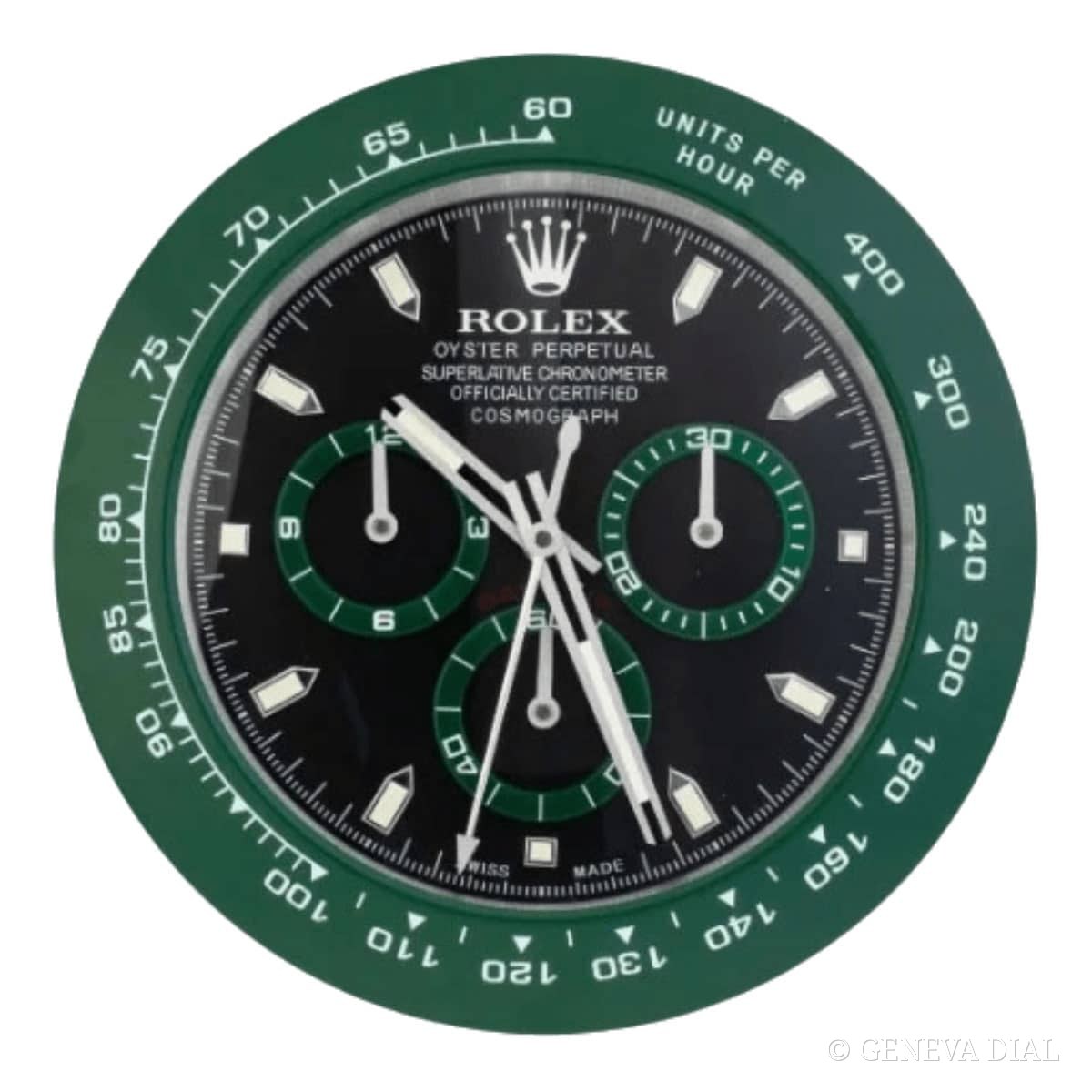 Horloge murale de luxe GENEVA DIAL 40 cm style Rolex Daytona Style Wall Clock – Green Bezel & Black Dial cadran noir et vert boîtier acier inoxydable 304L verre minéral loupe date