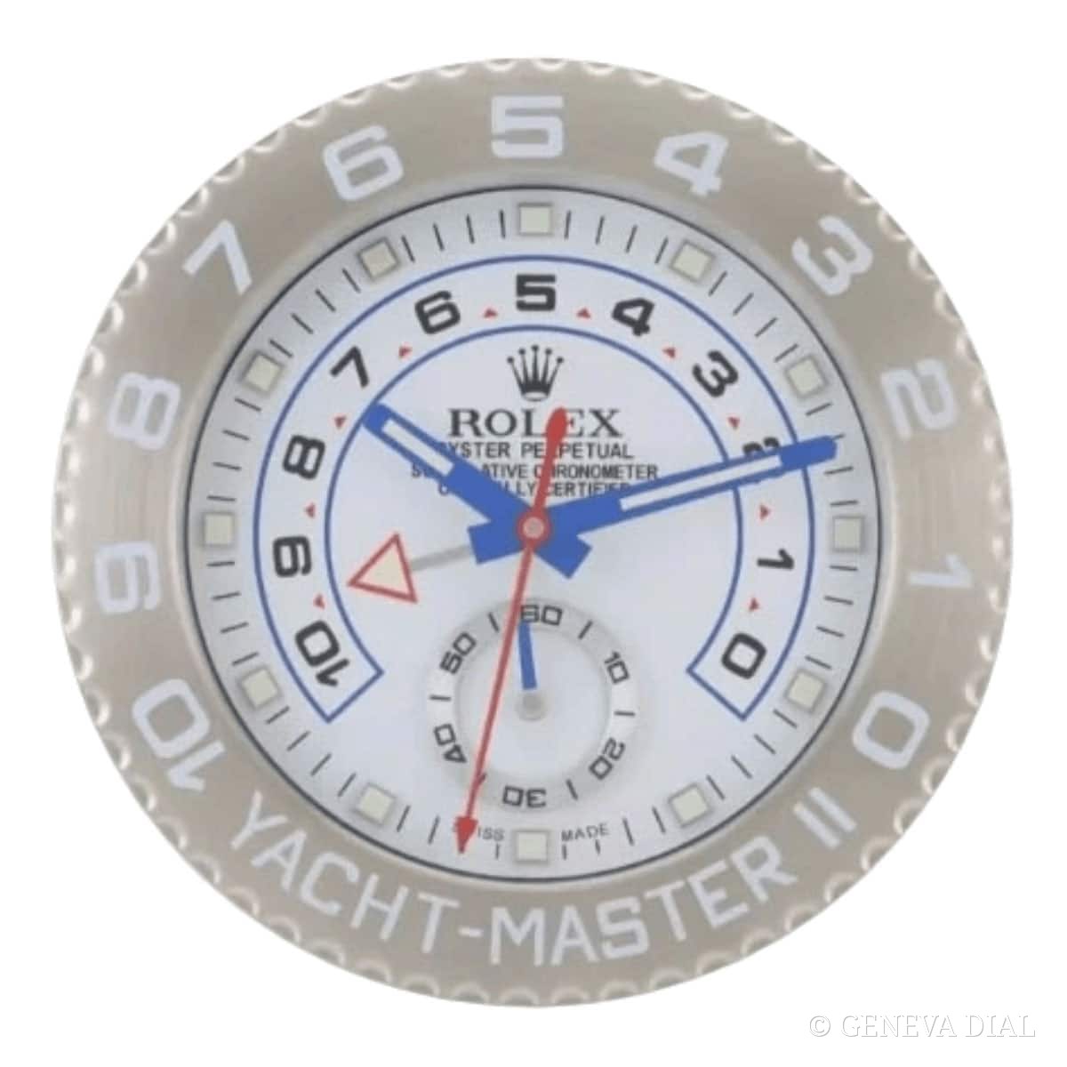 GENEVA DIAL 40cm 럭셔리 벽시계 Rolex Yacht-Master II Style Wall Clock – Prestige Silver Edition 스타일, 실버 다이얼, 304L 스테인리스 스틸 케이스, 미네랄 글라스, 날짜 확대 렌즈