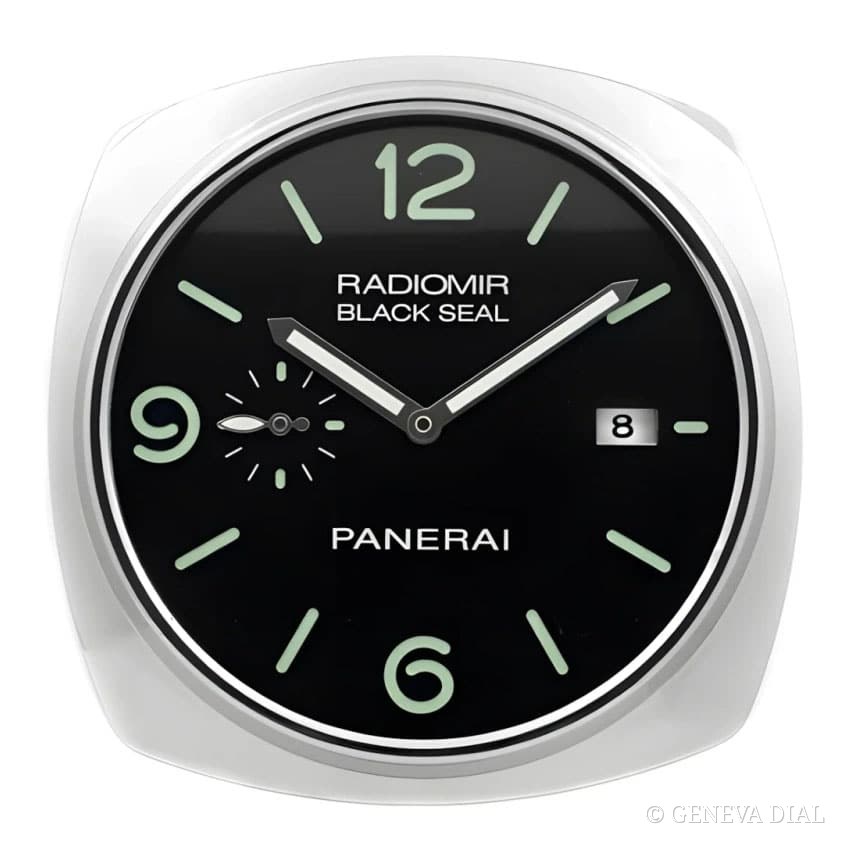 Horloge murale de luxe GENEVA DIAL 40 cm style Radiomir Black Seal Luminous Mint & Steel cadran noir et argent boîtier acier inoxydable 304L verre minéral loupe date