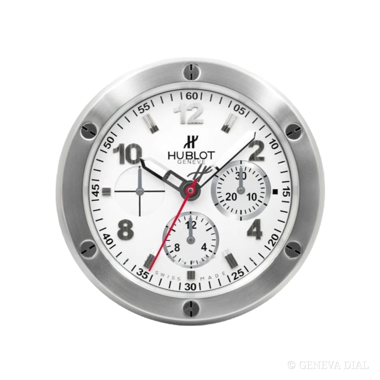 Horloge murale de luxe GENEVA DIAL 40 cm style Big Bang Steel and White cadran blanc et argent boîtier acier inoxydable 304L verre minéral loupe date