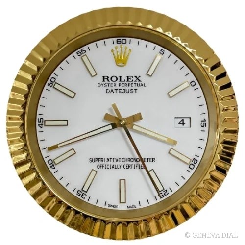 Horloge murale de luxe GENEVA DIAL 40 cm style Rolex Date-Just Wall Clock – Gold & White Presidential Style | 34 cm Luxury Edition cadran blanc et champagne doré boîtier acier inoxydable 304L verre minéral loupe date