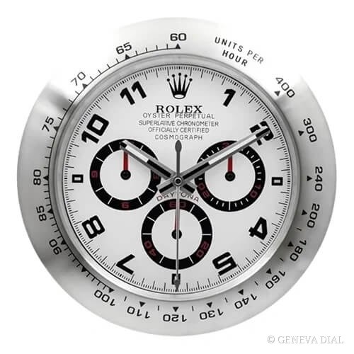 Horloge murale de luxe GENEVA DIAL 40 cm style Cosmograph Daytona Wall Clock – White Gold & Silver Ghost cadran blanc et champagne doré boîtier acier inoxydable 304L verre minéral loupe date