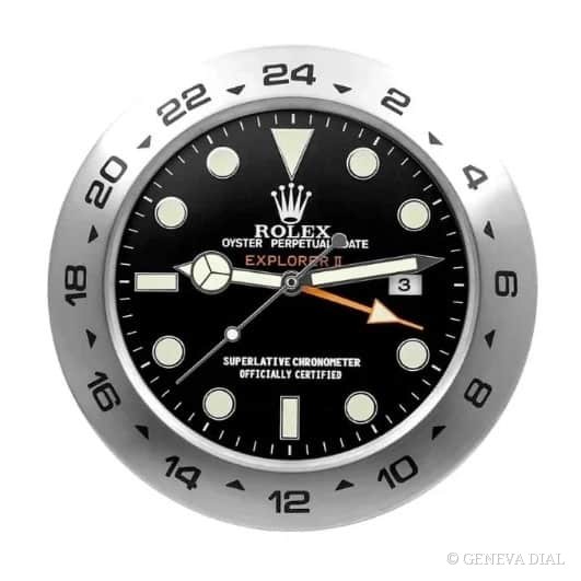 Horloge murale de luxe GENEVA DIAL 40 cm style Rolex Explorer II Wall Clock – Silver & Black Style | 34 cm cadran noir et argent boîtier acier inoxydable 304L verre minéral loupe date
