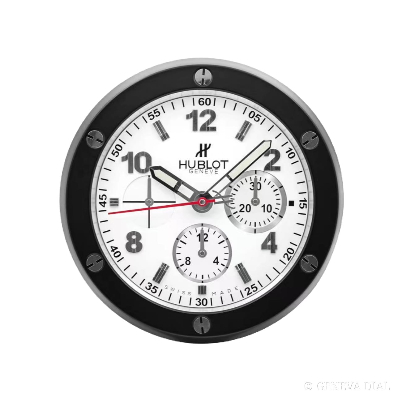 Horloge murale de luxe GENEVA DIAL 40 cm style Big Bang Black and White cadran noir et blanc boîtier acier inoxydable 304L verre minéral loupe date