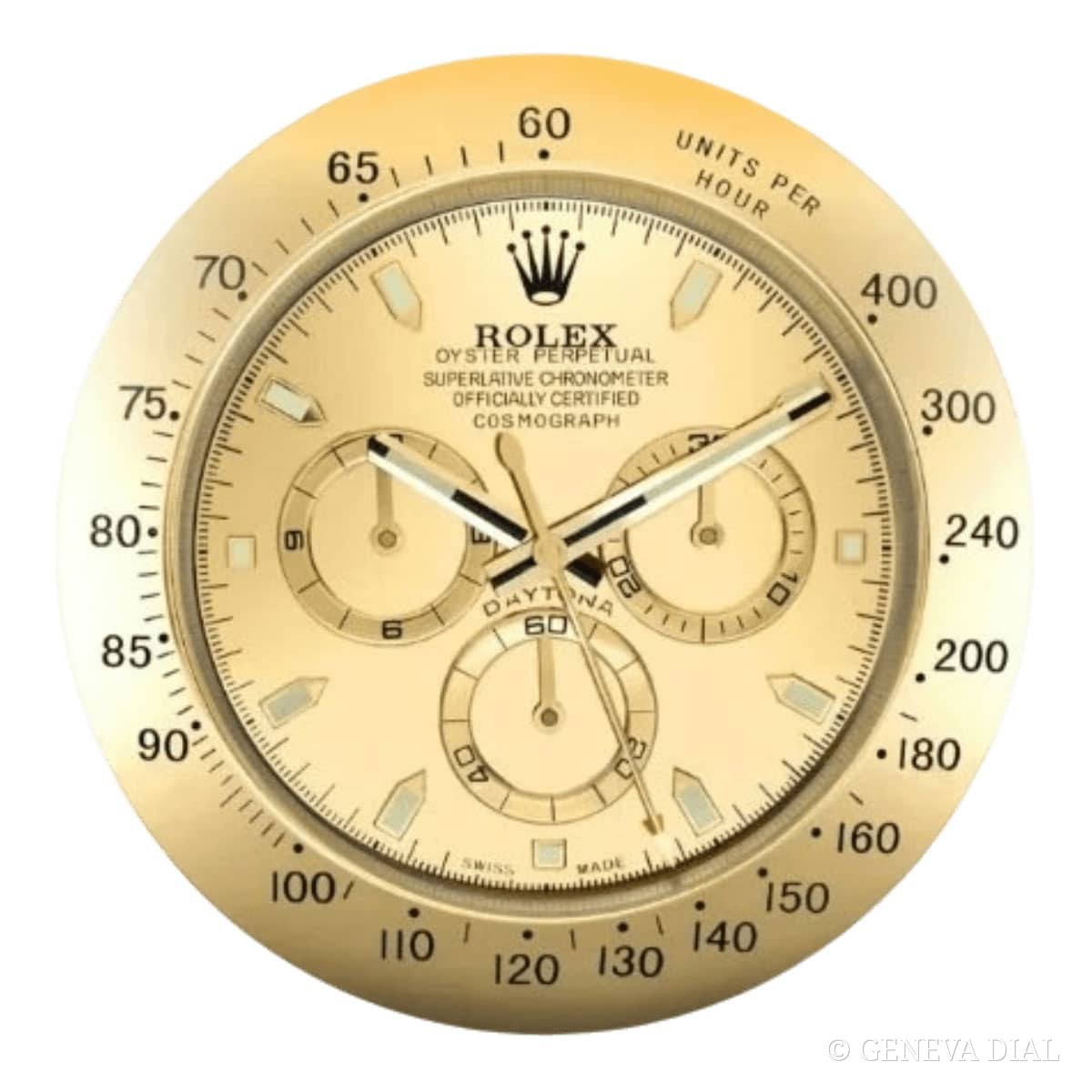 Horloge murale de luxe GENEVA DIAL 40 cm style Rolex Daytona Style Wall Clock – All Gold Edition cadran champagne doré boîtier acier inoxydable 304L verre minéral loupe date