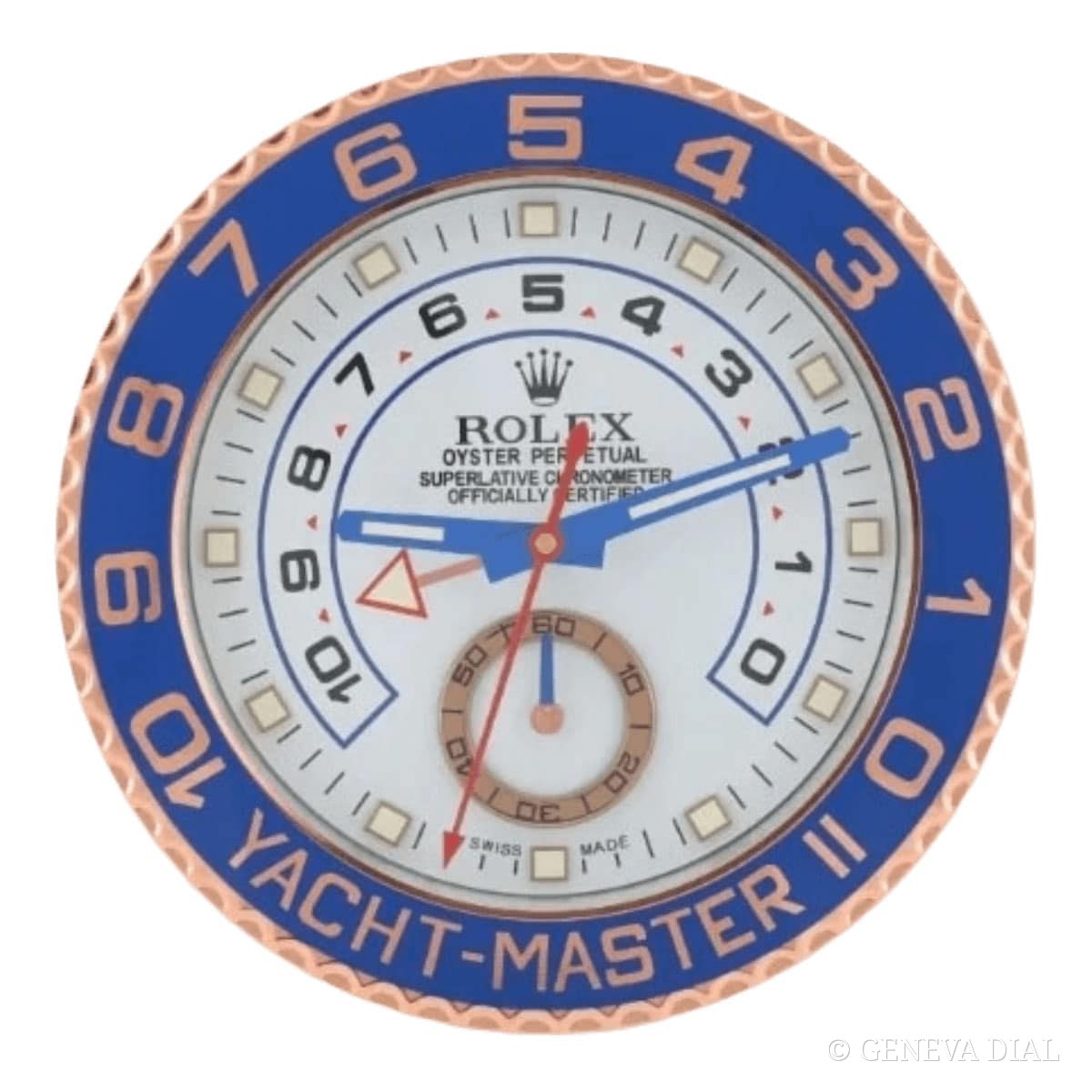 GENEVA DIAL 40cm 럭셔리 벽시계 Rolex Yacht-Master II Style Wall Clock – Rose Gold Edition with Marine Blue Bezel 스타일, 블루 · 핑크 다이얼, 304L 스테인리스 스틸 케이스, 미네랄 글라스, 날짜 확대 렌즈