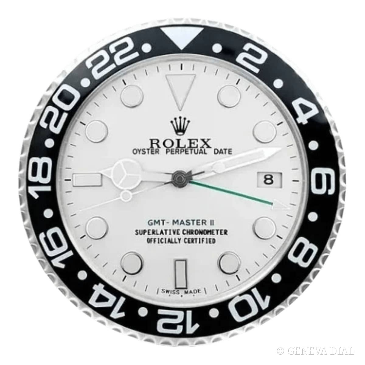Horloge murale de luxe GENEVA DIAL 40 cm style Rolex GMT-Master II Style Wall Clock – Classic White Dial with Black Bezel cadran noir et blanc boîtier acier inoxydable 304L verre minéral loupe date