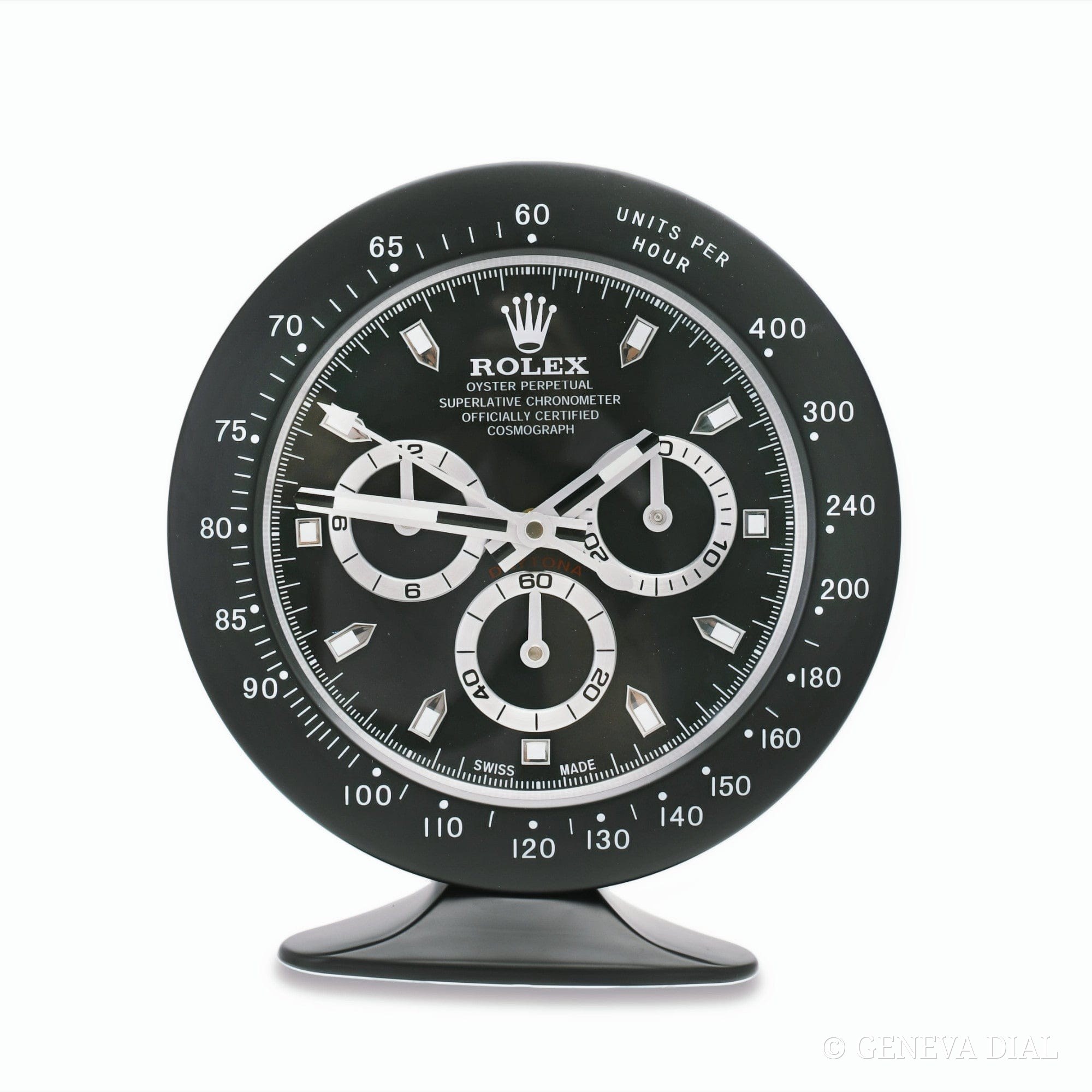 Horloge de bureau compacte 15 cm GENEVA DIAL style Daytona Full Black cadran noir boîtier acier massif silencieux