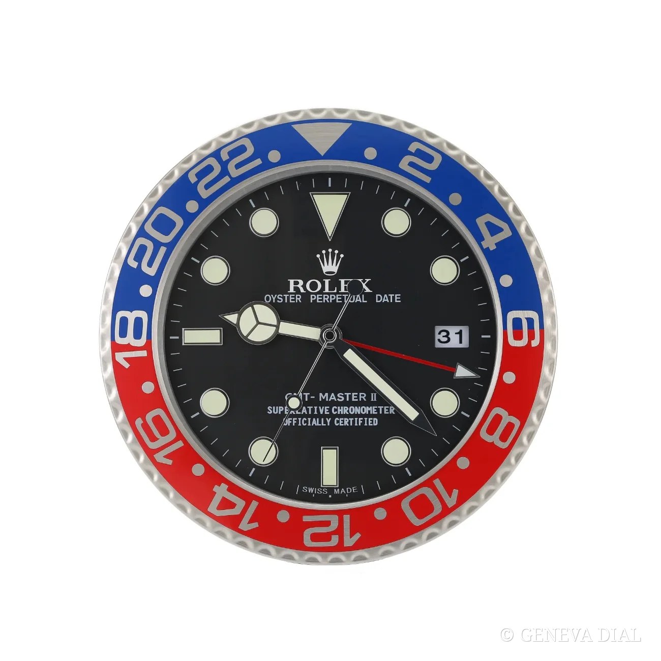 Horloge murale de luxe GENEVA DIAL 40 cm style GMT Master PEPSI boîtier acier inoxydable 304L verre minéral loupe date