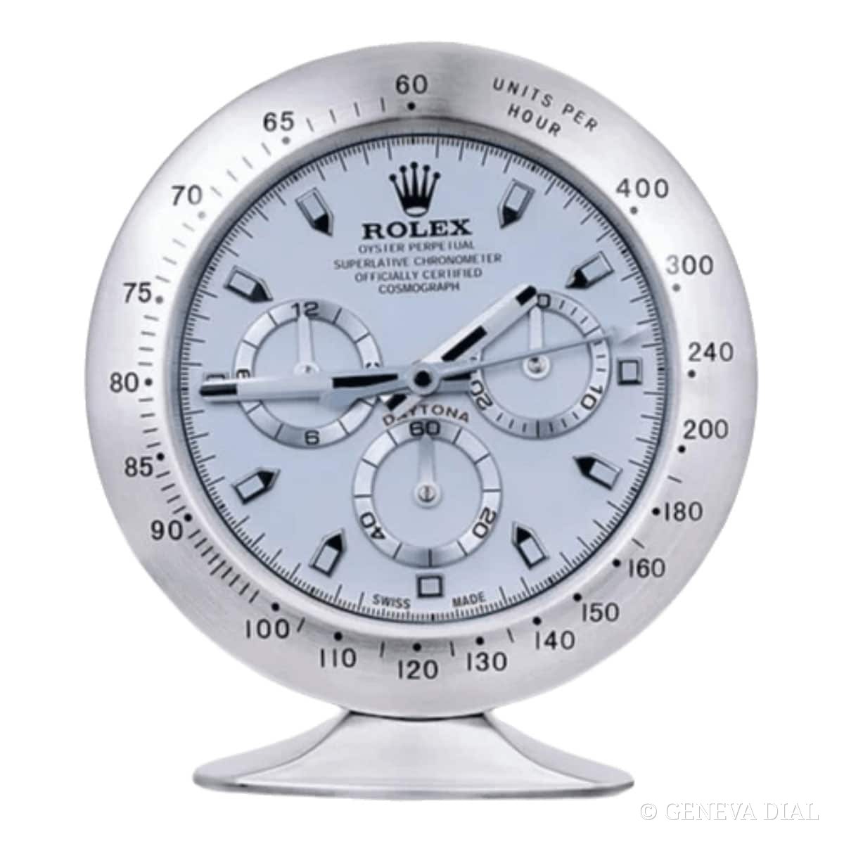 Horloge de bureau compacte 15 cm GENEVA DIAL style Rolex Daytona Style Desk Clock – Silver Edition with “Panda” White Dial cadran blanc et argent boîtier acier massif silencieux