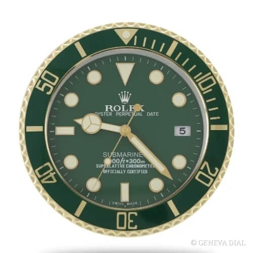 Horloge murale de luxe GENEVA DIAL 40 cm style 16 Inch XXL Submariner Wall Clock – Green & Gold cadran vert et champagne doré boîtier acier inoxydable 304L verre minéral loupe date