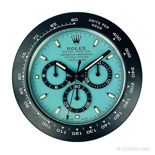 Horloge murale de luxe GENEVA DIAL 40 cm style Cosmograph Daytona Wall Clock – Steel & Blue Racing Dial cadran bleu et argent boîtier acier inoxydable 304L verre minéral loupe date