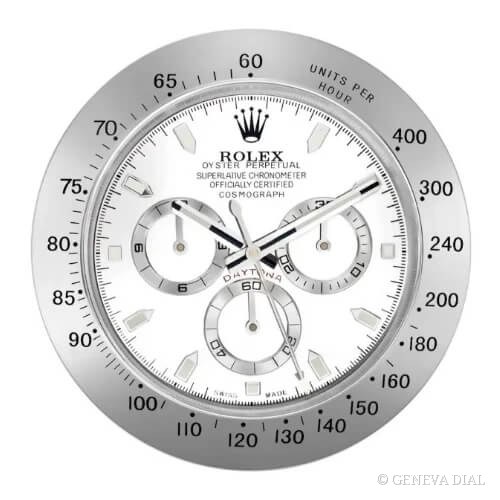 Horloge murale de luxe GENEVA DIAL 40 cm style Cosmograph Daytona Wall Clock – Stainless Steel White Dial cadran blanc et argent boîtier acier inoxydable 304L verre minéral loupe date