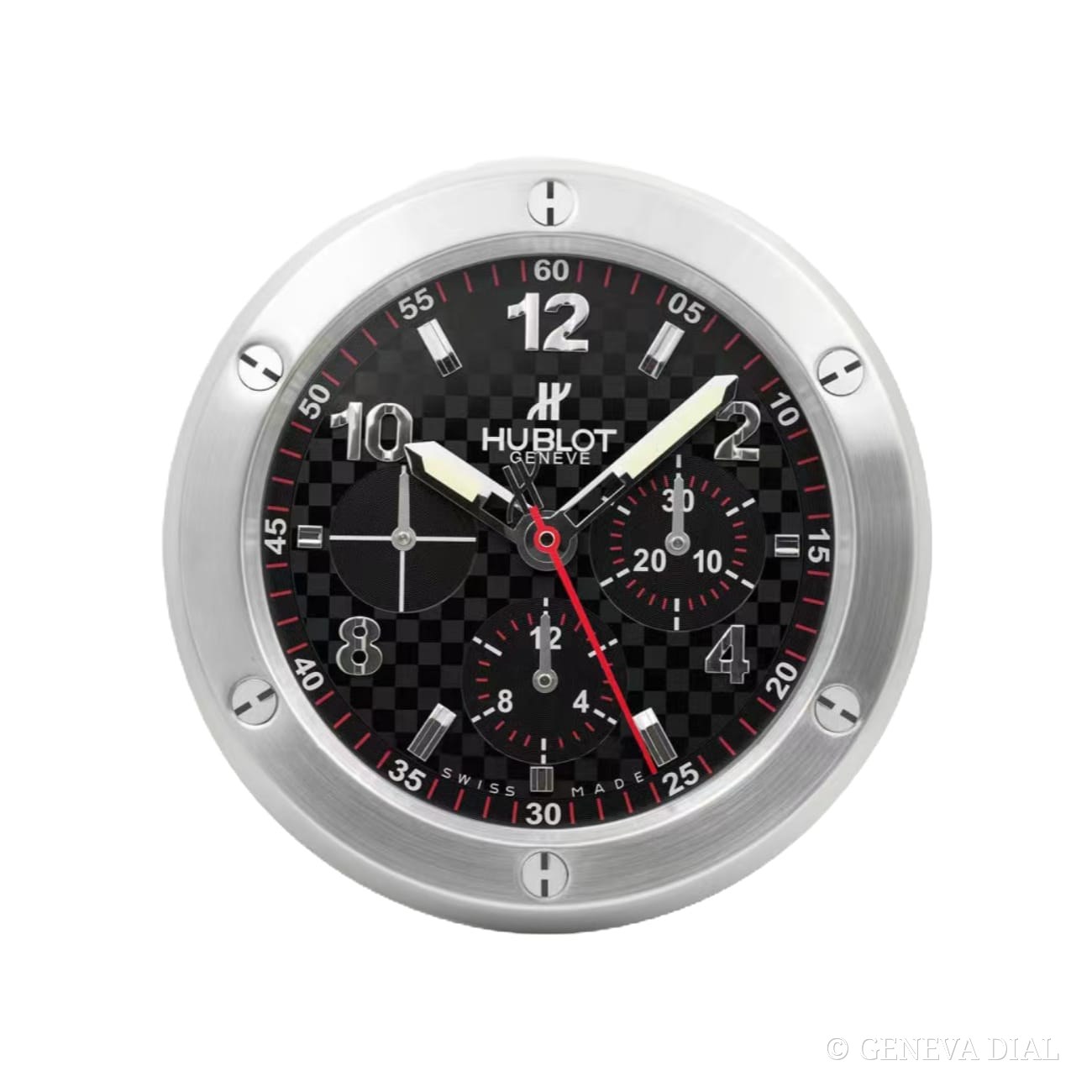 Horloge murale de luxe GENEVA DIAL 40 cm style Big Bang Steel and Carbon cadran argent boîtier acier inoxydable 304L verre minéral loupe date
